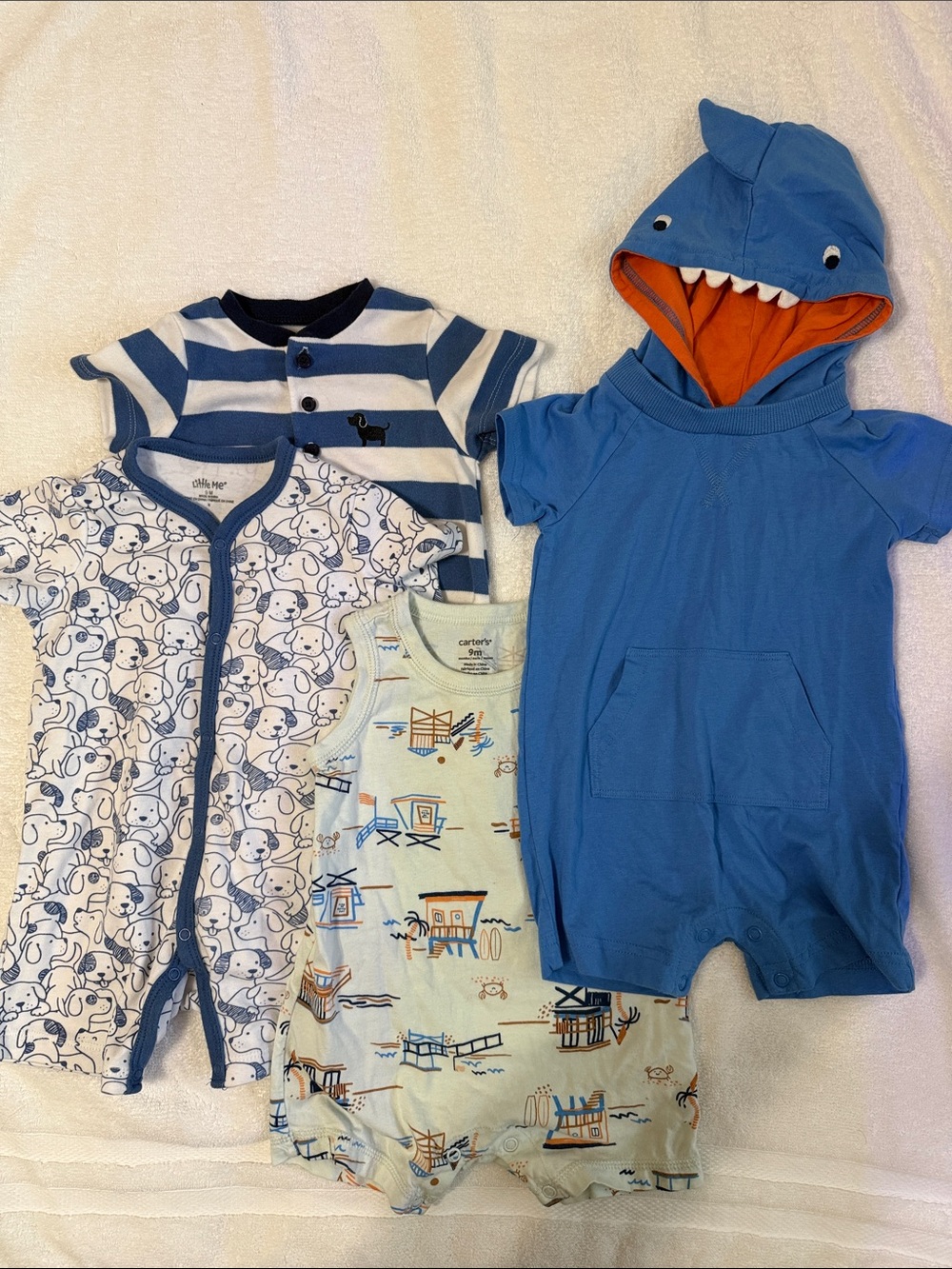 4 Piece Bundle. Little Me & Carters. Size 9 months. Blue Romper Sets.